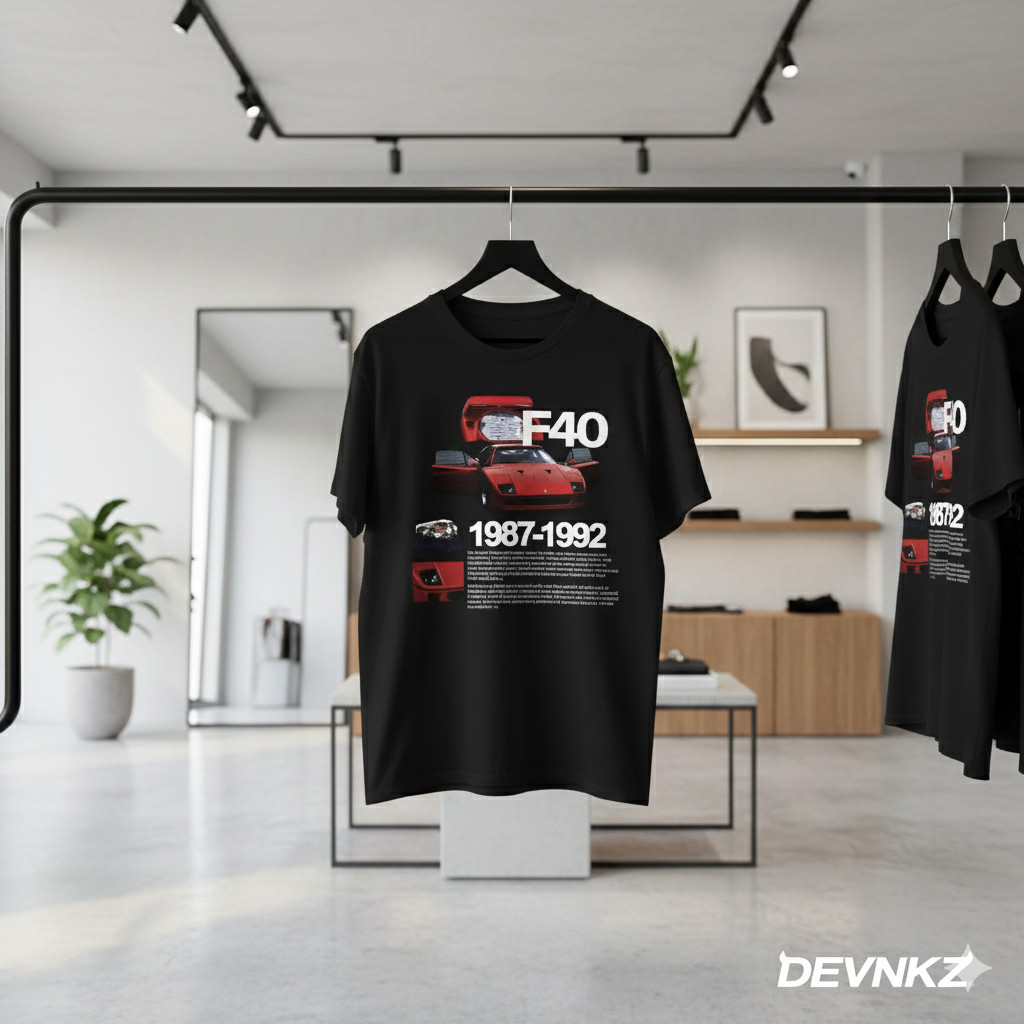 Ferrari F40 Vintage Graphic T-Shirt 1987-1992 Classic Supercar Tee – S213