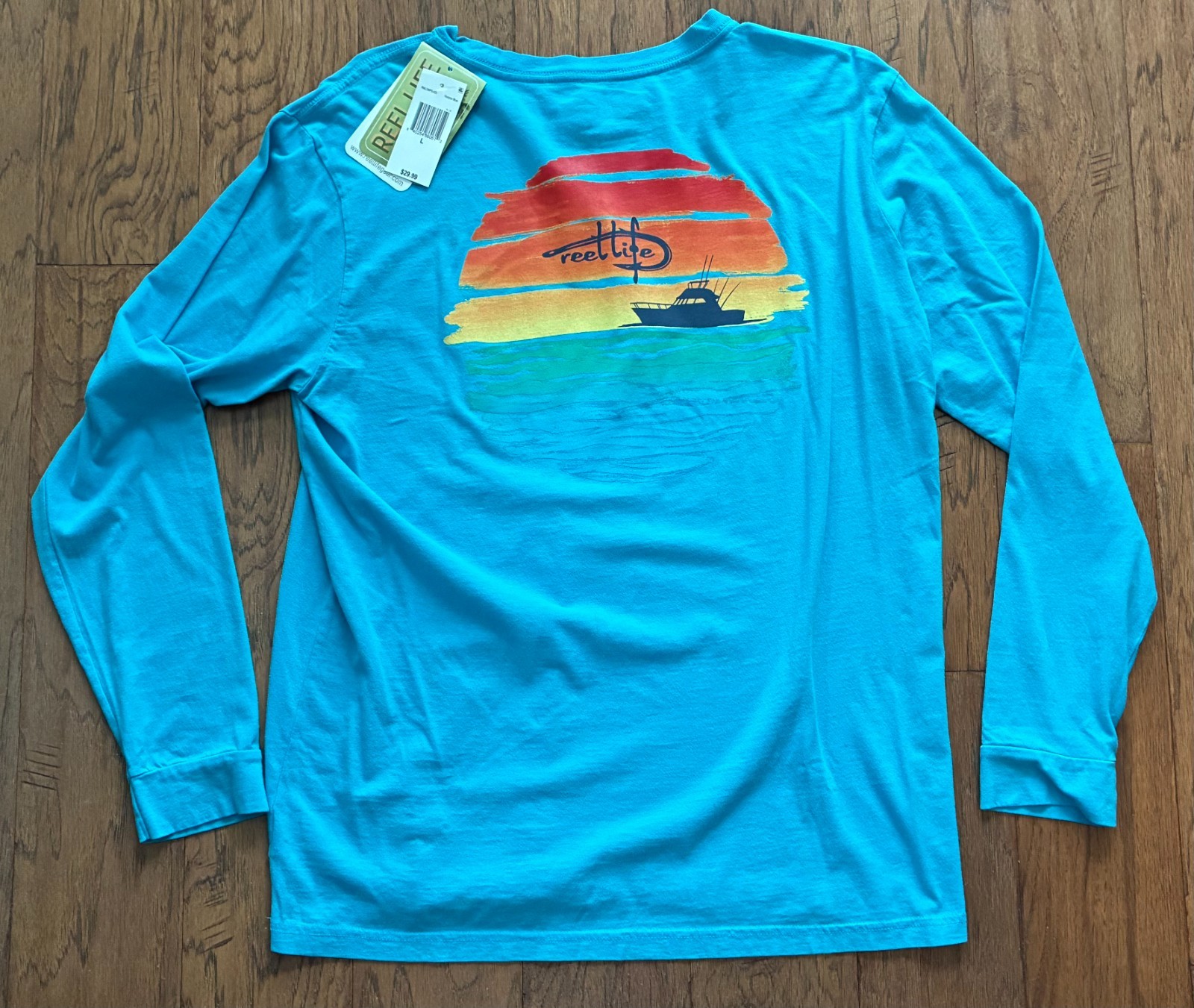 REEL LIFE NEW Fishing/Boating/Ocean Sunset Turquoise Blue LS TShirt (LARGE) NWT
