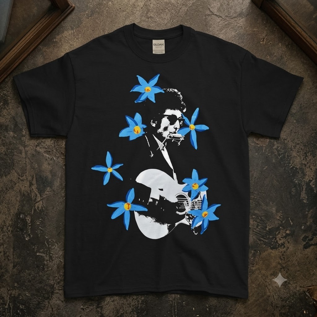 Rockabilia Men’s Bob Dylan Blue Flowers Exclusive T-Shirt Black
