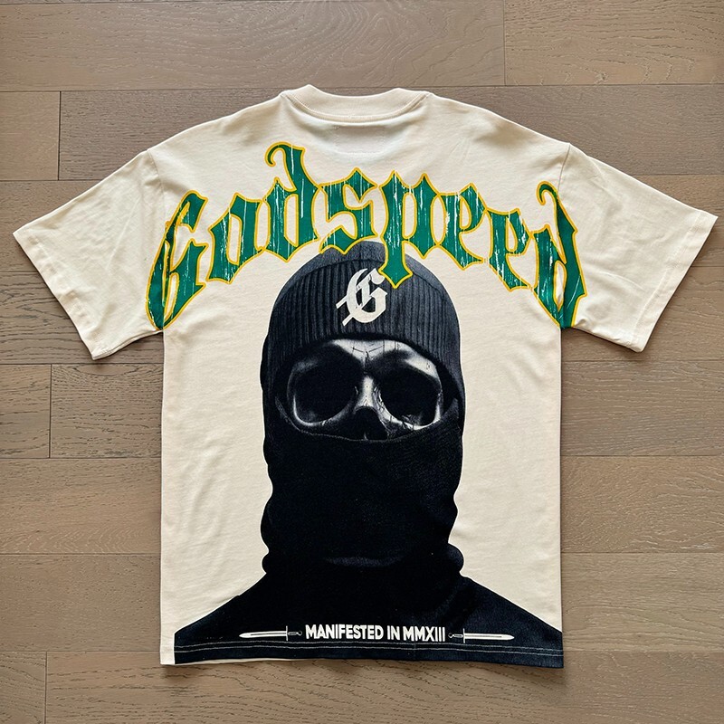 NEW Godspeed Masked Skull Print Logo tee men’s washed short sleeved T-shirt