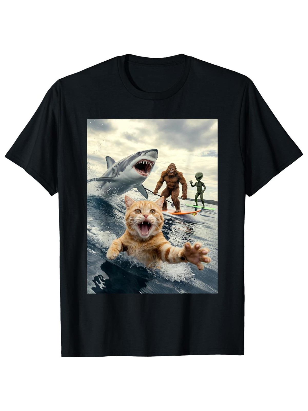 Men’s Surfing Cat & Shark T-Shirt – Short Sleeve Round Neck Shirt