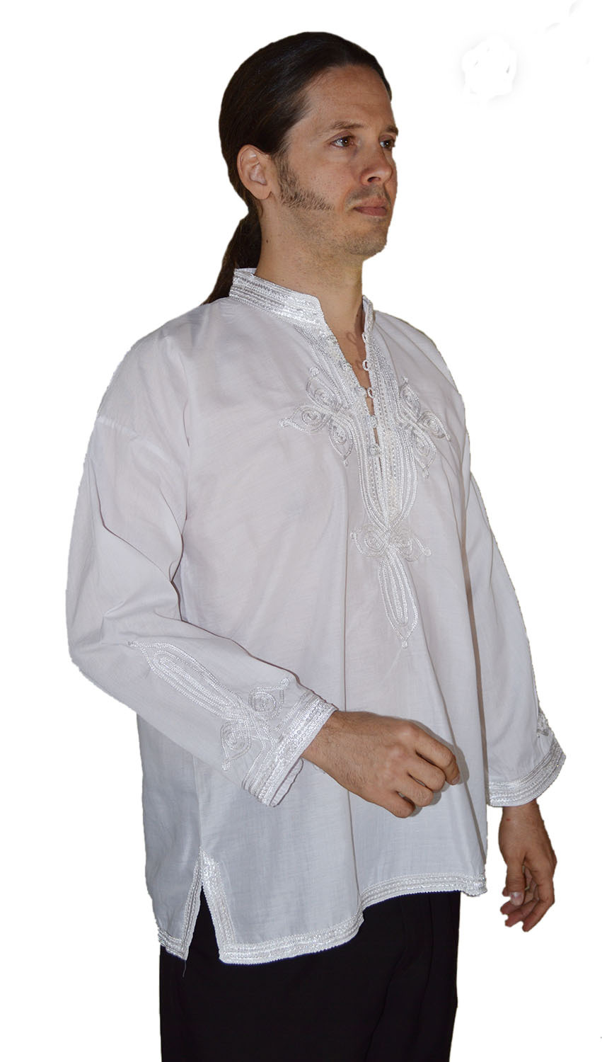 Moroccan Men Tunic Shirt Cafan Casual Handmade Embroidered Cotton X- Large White