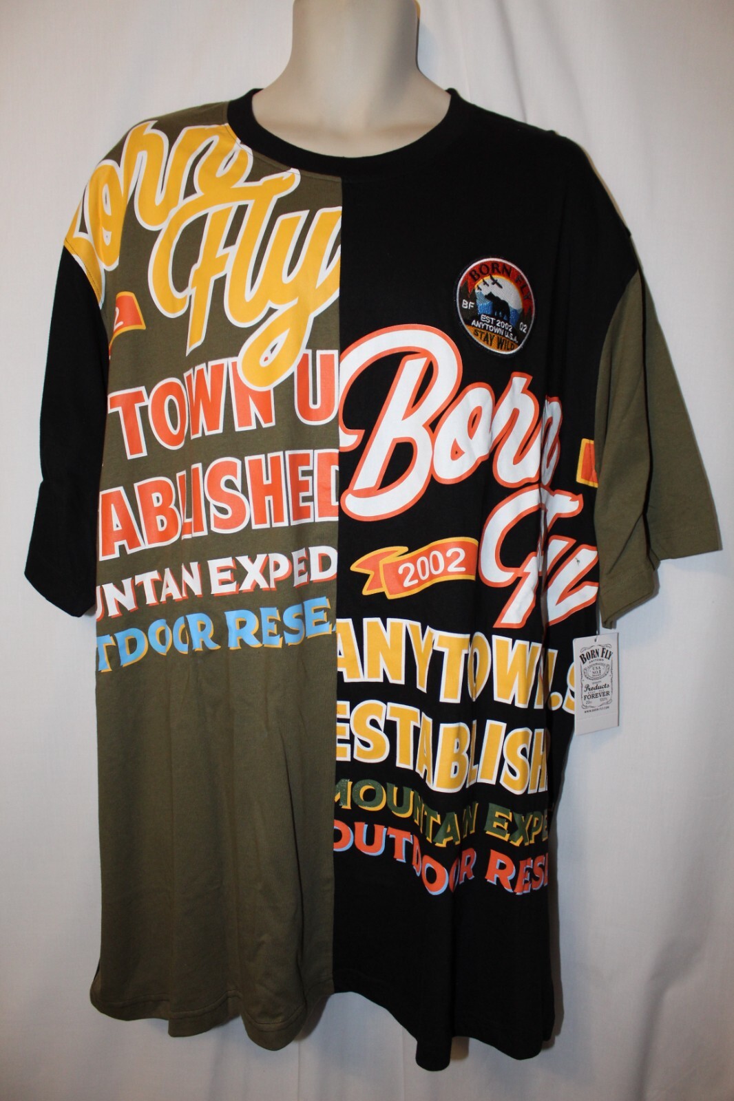 mens born fly stay wild half and half t-shirt L nwt black olive green