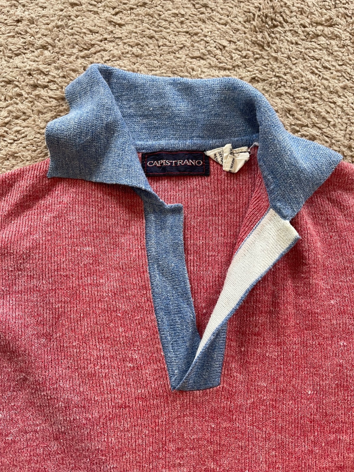 Vintage Capistrano Shirt Polo S/M Made in Korea 70s Ramie Acrylic Red Blue