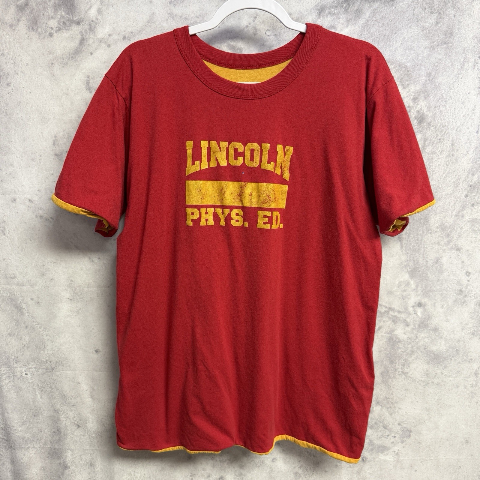 Vintage 90s Double Face Phys Ed T Shirt Mens XL Red/Yellow USA