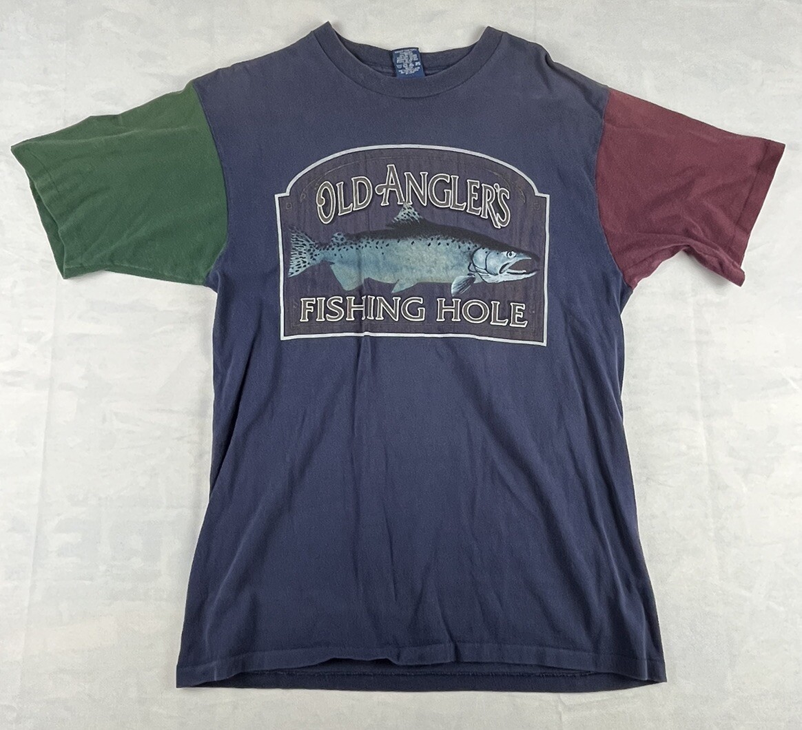 Vintage Belton Designer Tee Tri Color Old Angler’s Fishing Hole Shirt L Made USA
