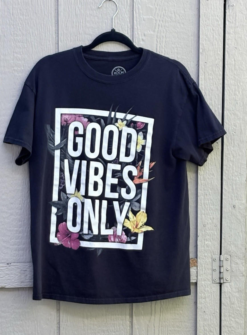 DOM Good Vibes Only Graphic T Shirt Unisex M Black Floral White Crew Neck Thick