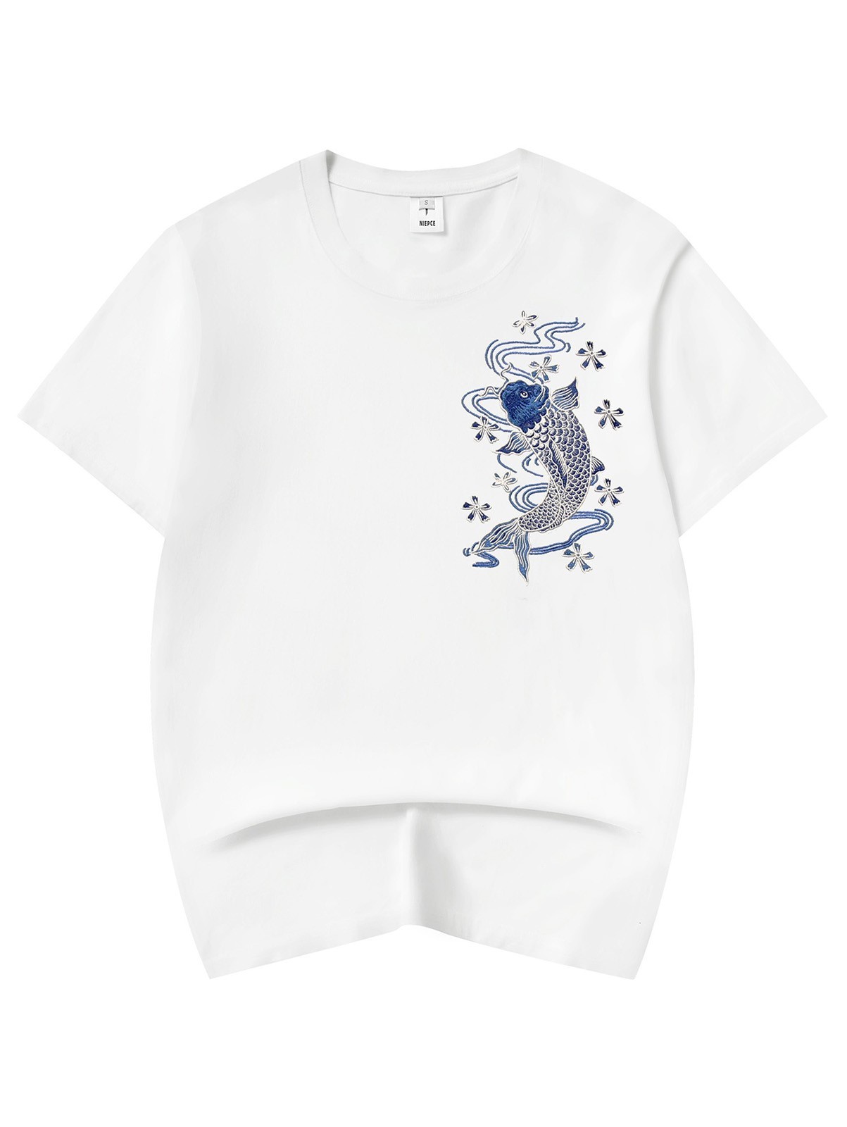 Niepce Japanese Streetwear Embroidery T-shirt Blue Koi Graphic Tee for Men