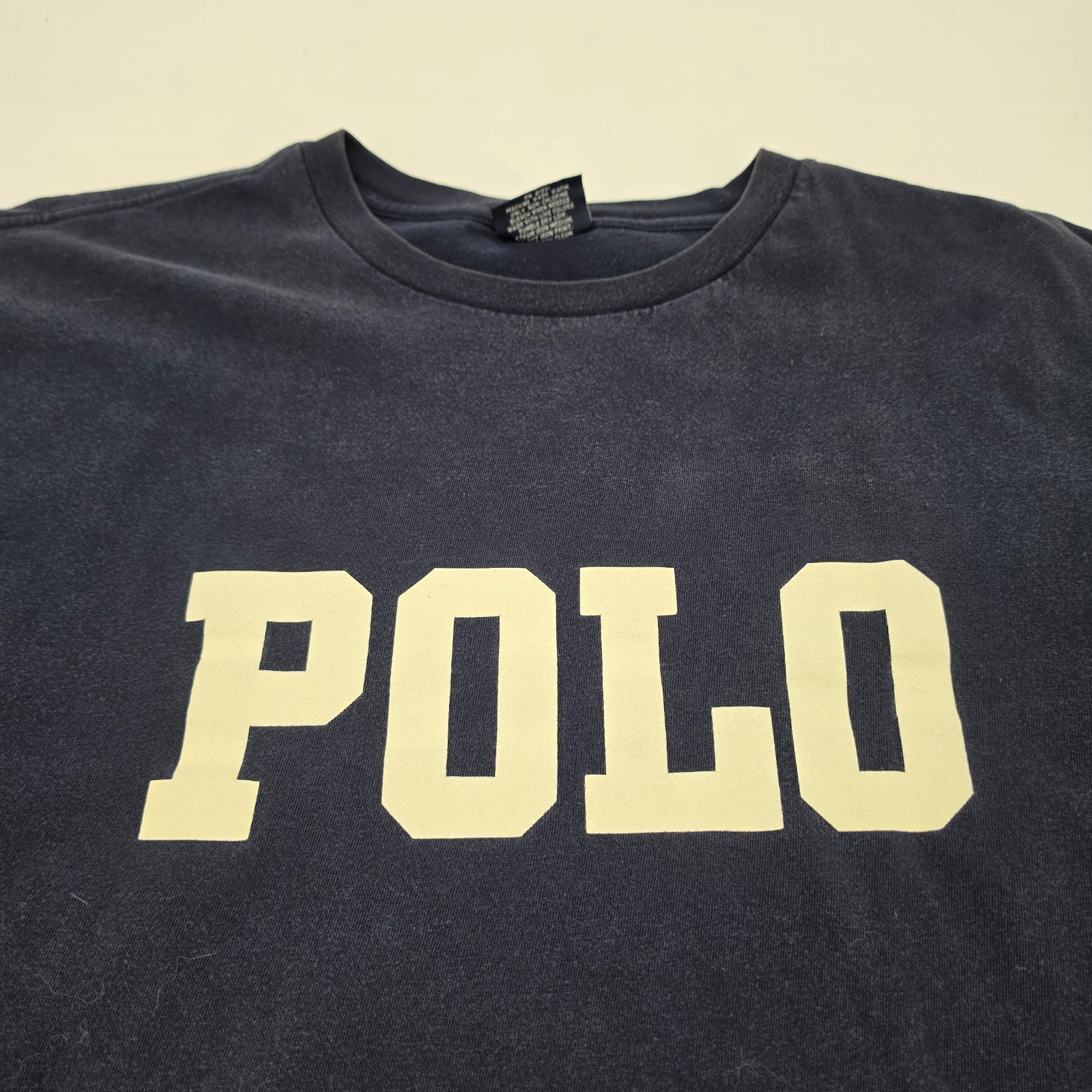 Vintage 90s Polo Ralph Lauren Men’s T-Shirt Size Large Navy Blue White Spellout