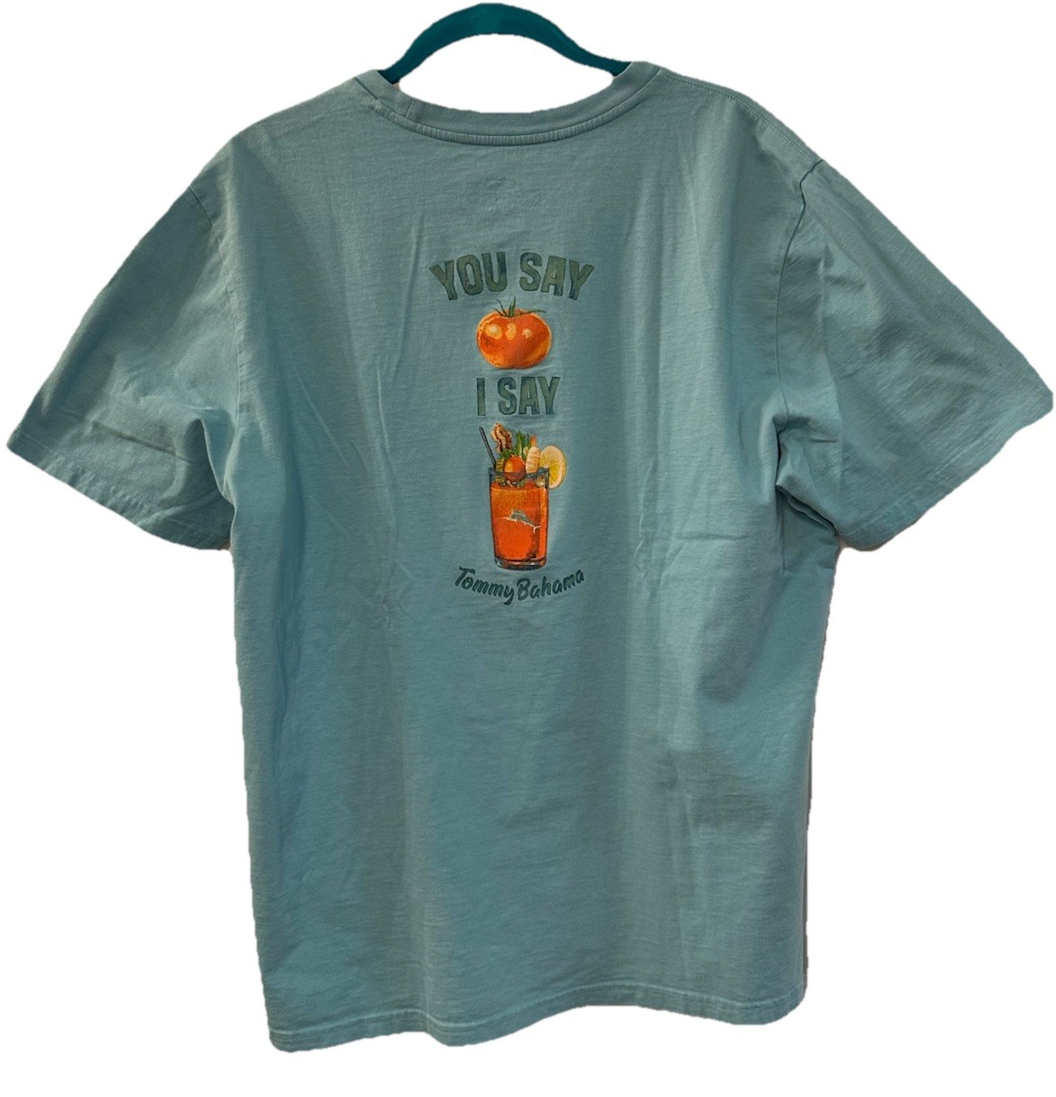 Tommy Bahama Men’s M Tee Shirt You Say Tomato I say Bloody Mary Turquoise Haze