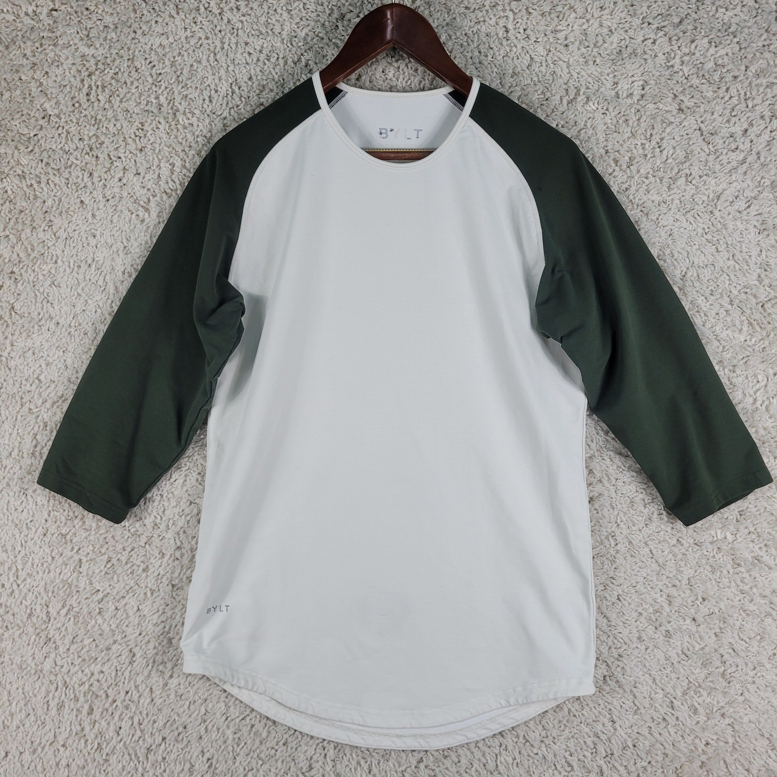 BYLT Raglan Shirt Adult M White Green Good 3/4 Sleeve Curved Hem Cotton Blend
