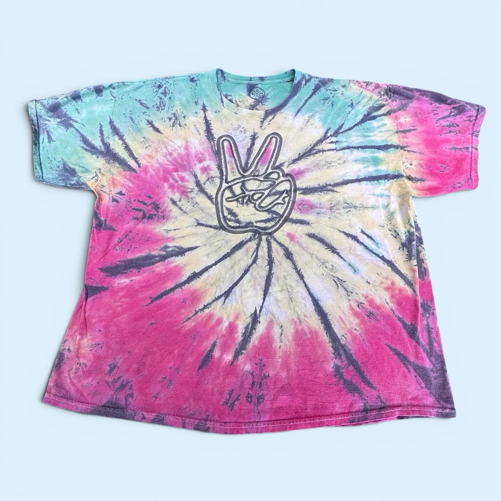DOM Peace Sign Embroidered Tie Dye T-Shirt Men XL Multi Color Spiral Graphic Tee