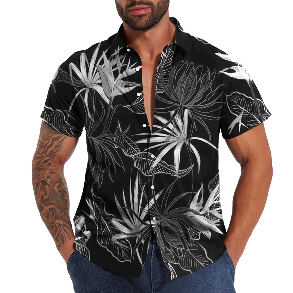 Button Down Shirts Men Black White Hawaiian Dress Short Sleeve Party Up Soft Tee
