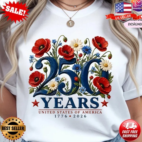 Floral USA 250th Anniversary Shirt, Patriotic Botanical Art T-Shirt, S-5XL