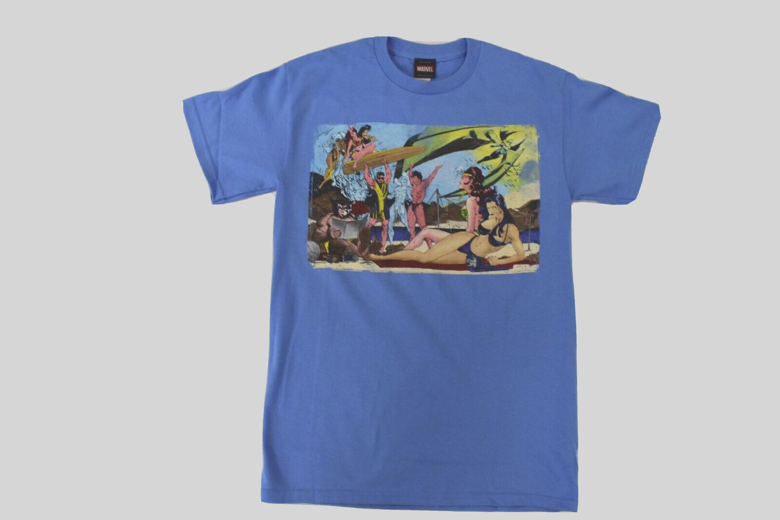 Marvel Mens X-Men Beach Party Cyclops, Wolverine Funny Blue Shirt NWT Small