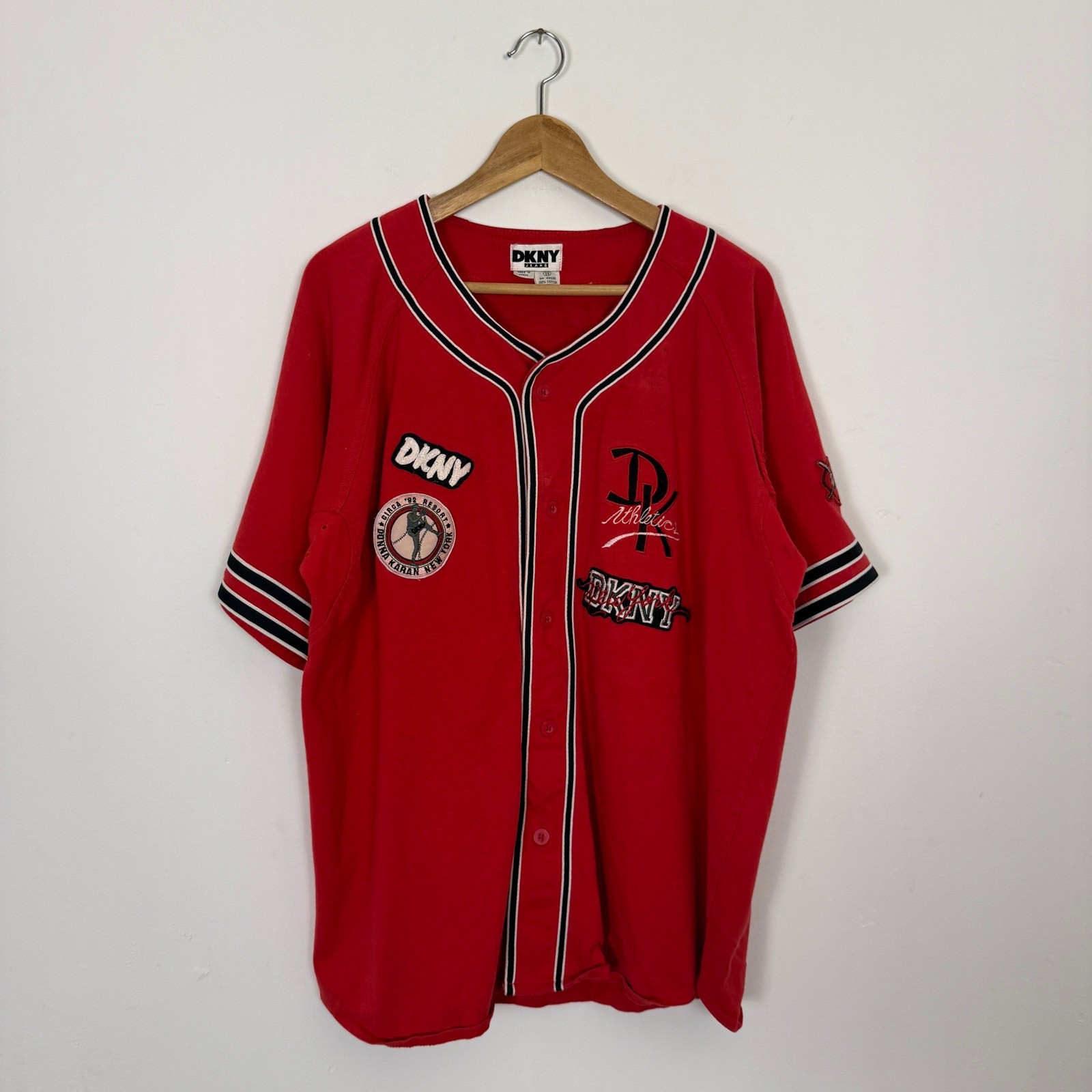 Vintage 90s DKNY Patchwork Baseball Jersey Button Up Shirt Streetwear Sportswear