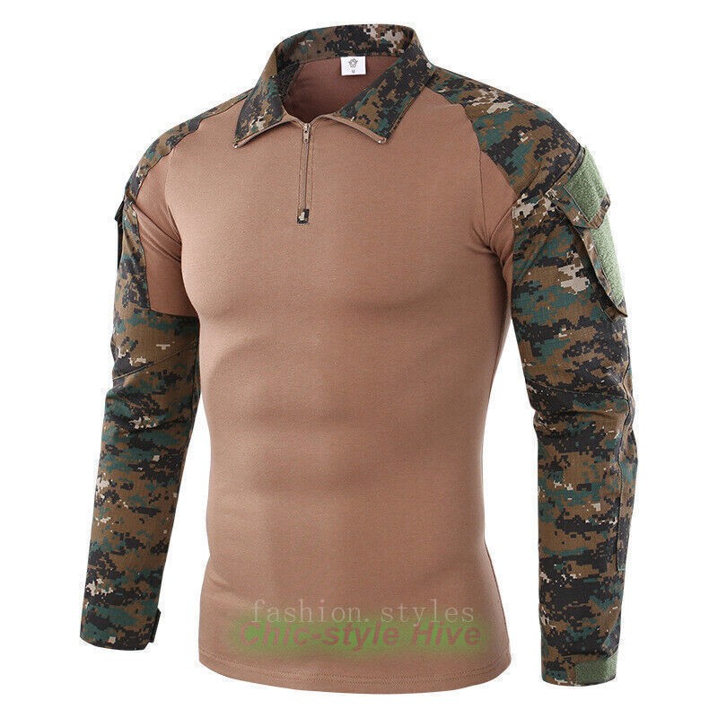Combat Mens Tactical Shirt Long Sleeve T-Shirt Military Hunting Camo Army Shirt