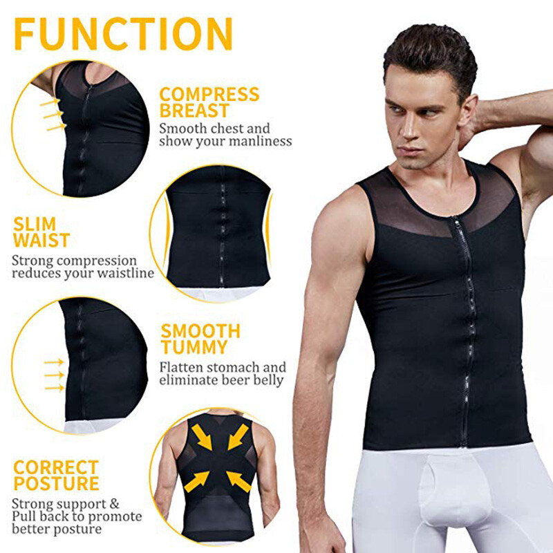 Men’s Zipper Body Shaper Toning T-Shirt Ultra Durable Vest Compression Underwear
