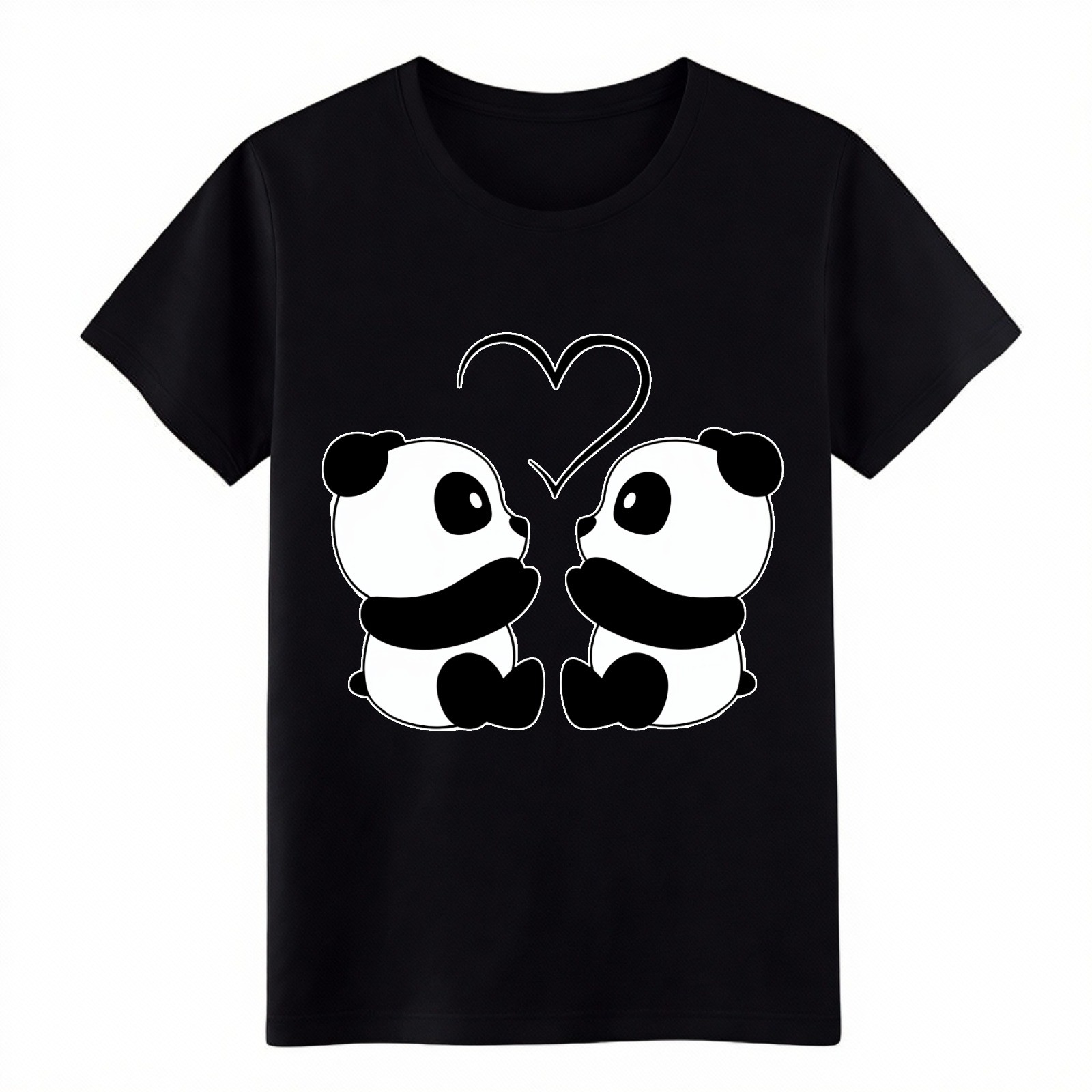 Cute Panda Couple Love Heart Animal Print Cotton T-Shirt