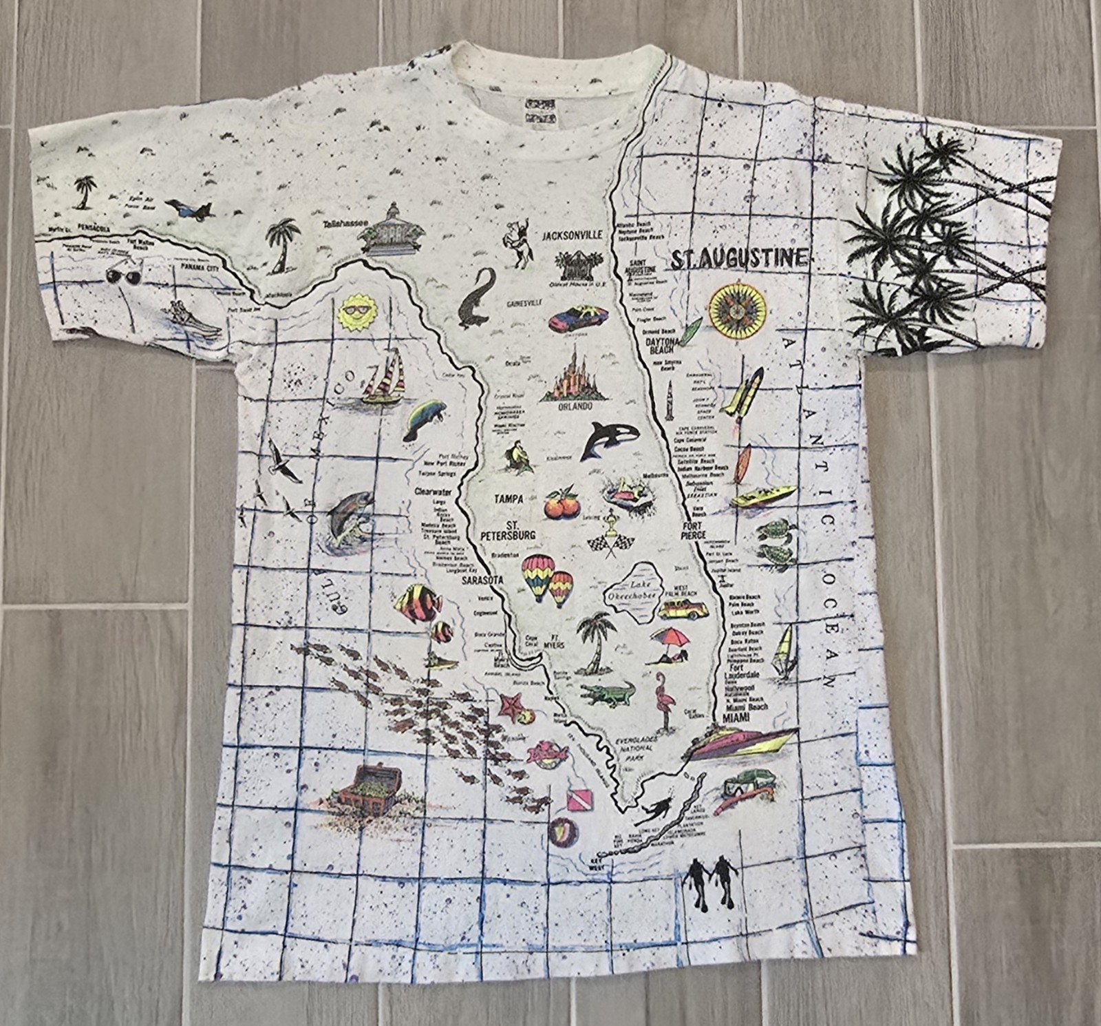 Vintage Florida AOP Shirt Single Stitch Large LocoMoFo Colorful Fun Map USA 90s