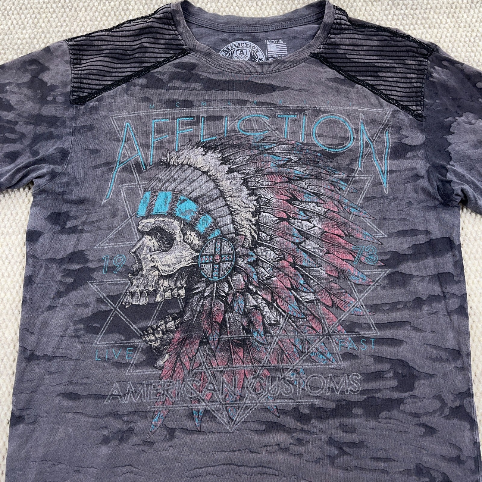 Affliction Shirt Men Medium Gray American Customs Indian Chief Tattoo MMA Live