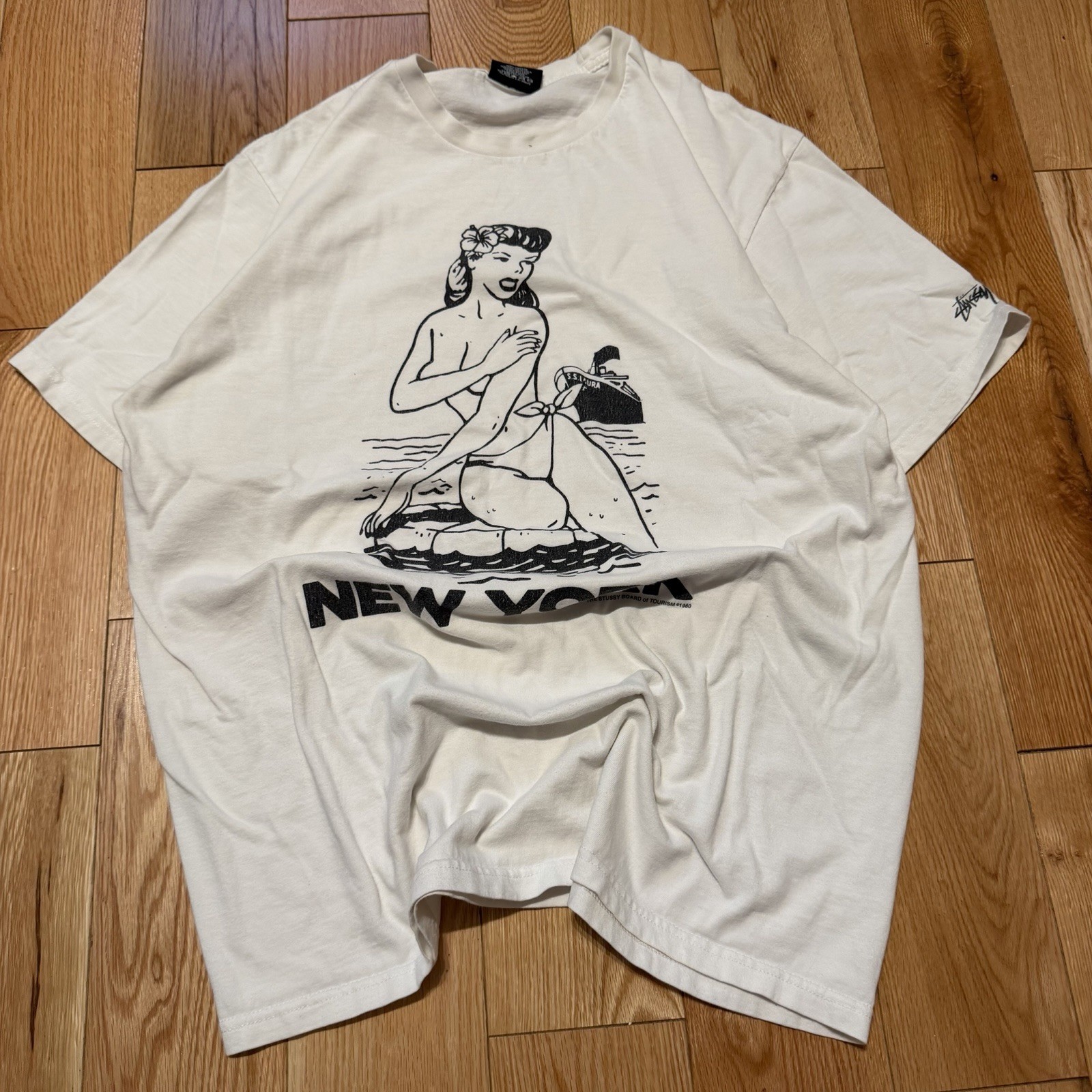 Stussy Shirt Mens Size Large Aloha Cities New York Graphic Brooklyn Pin up Y2K