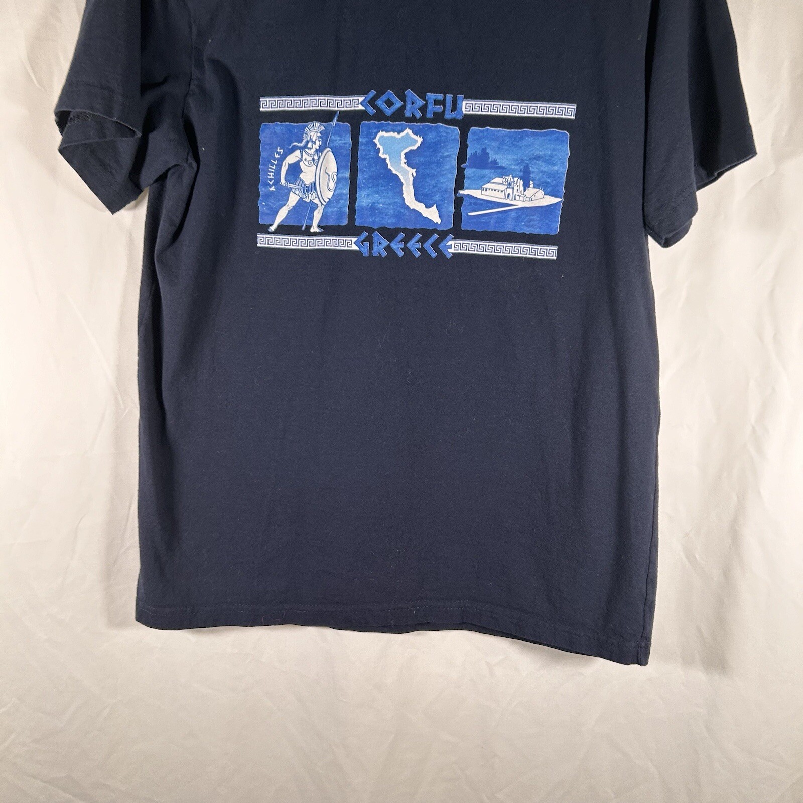 Corfu Greece Shirt Men’s Large Navy Blue Achilles Print Crew Neck Short Sleeve