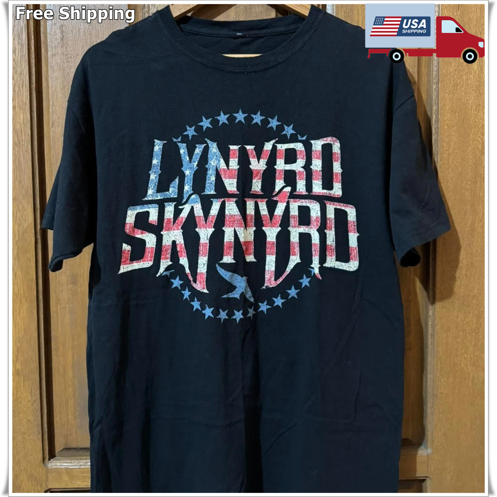 Rare Lynyrd Skynyrd American Flag Logo Unisex Black T-shirt, Size S-5XL