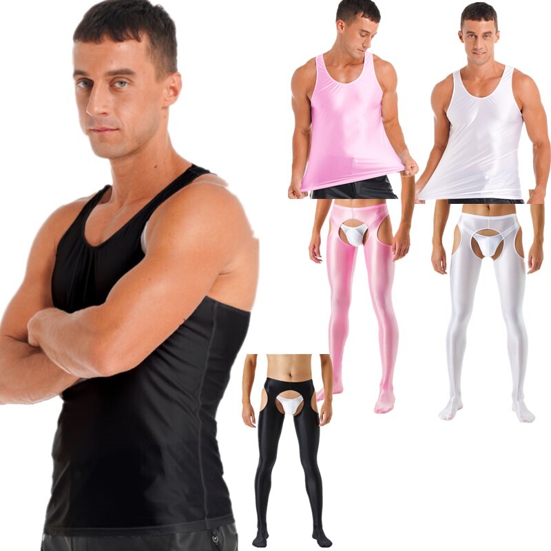 Mens Oil Glossy Skinny Pants Tank Top Cutout Opaque Tights Sports Gym Underwear