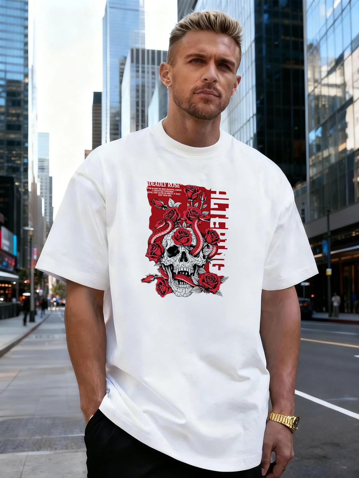 Skull Snake Rose Graphic 100% Cotton Men’s T-Shirt for Daily Casual Wear
