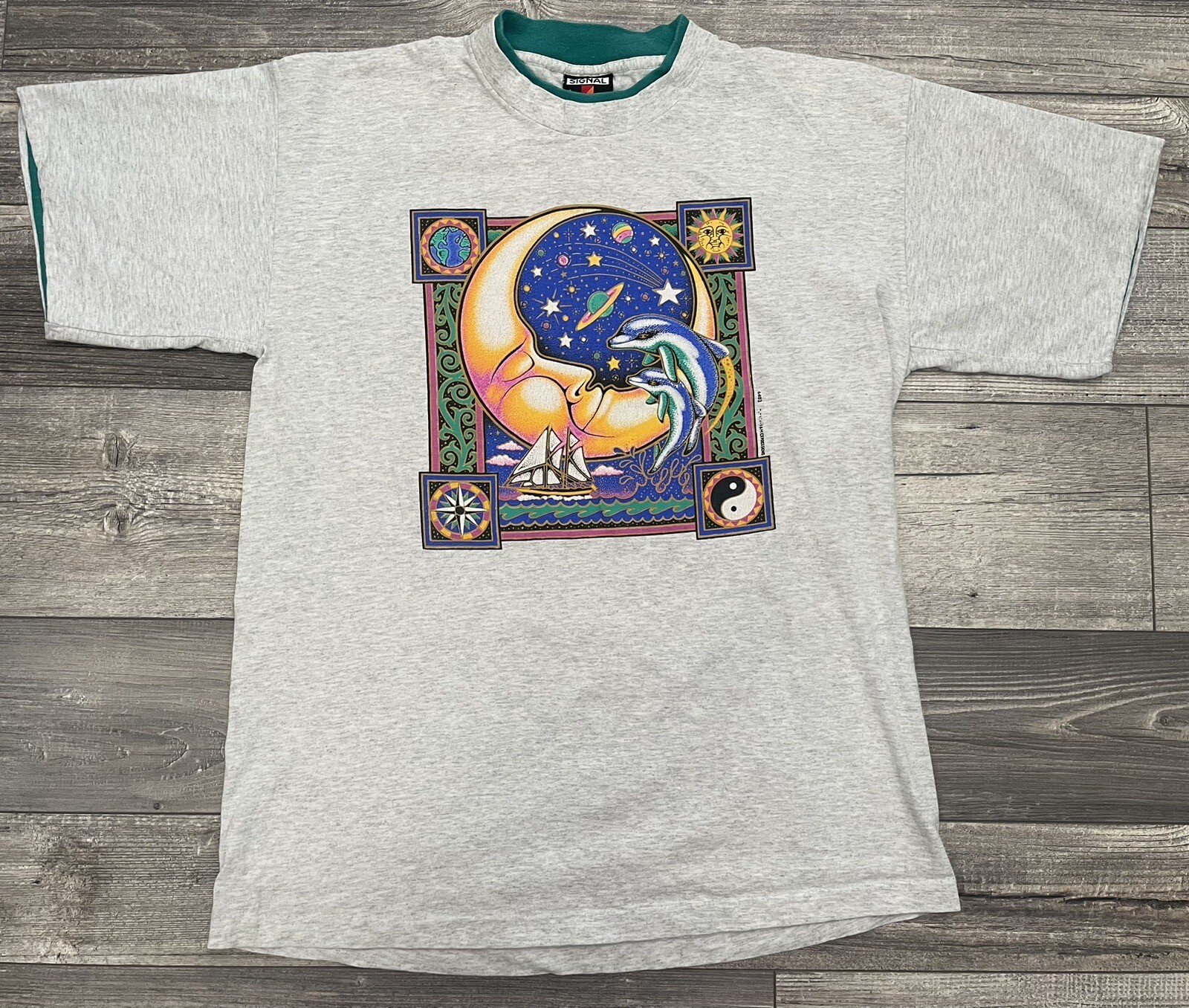 Vintage Signal Sport Shirt Mens Size Large Moon Dolphin Ship Yinyang Gray USA