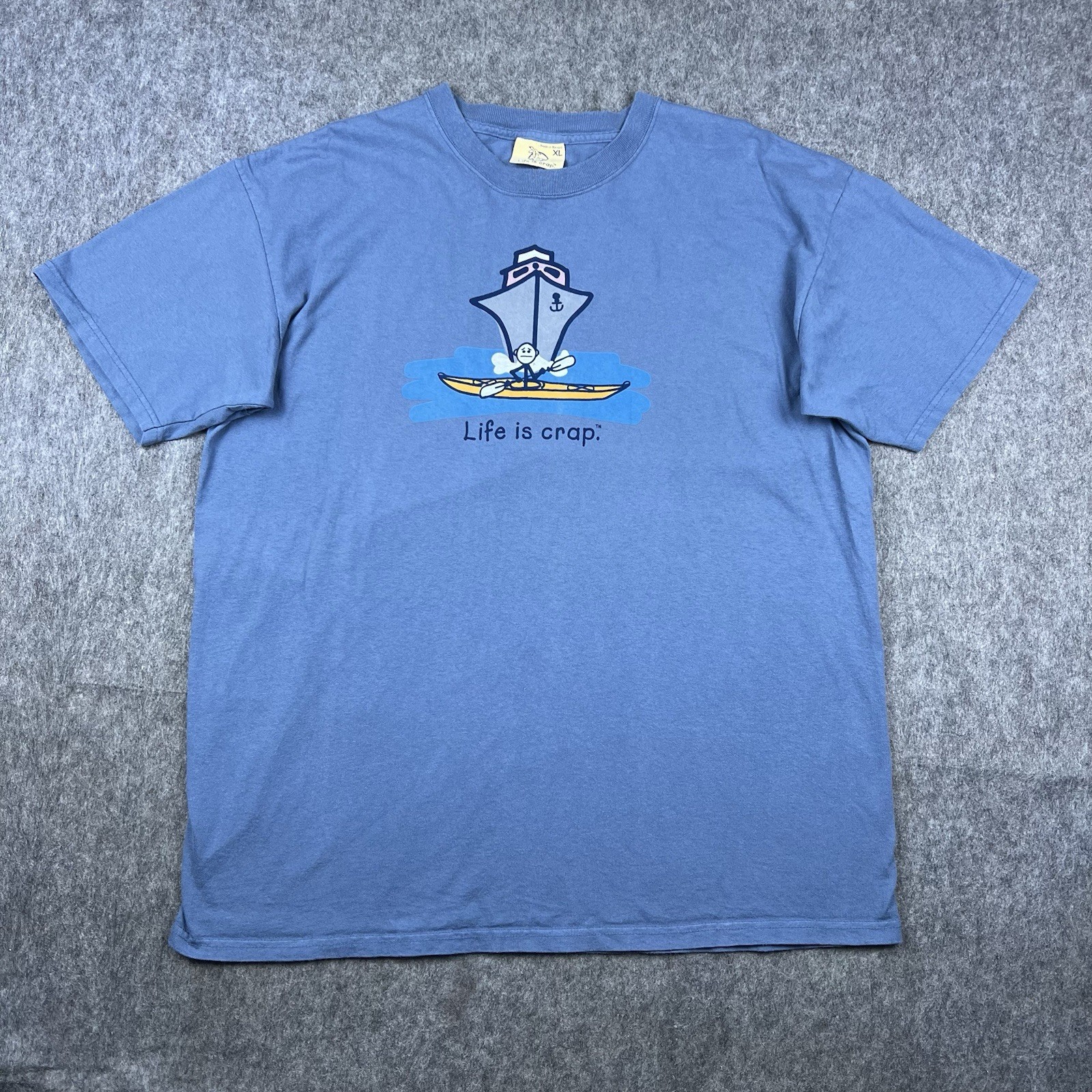 Vtg Y2K Life Is Crap Men’s T-Shirt Parody Joke Humor Blue Short Sleeve Size XL