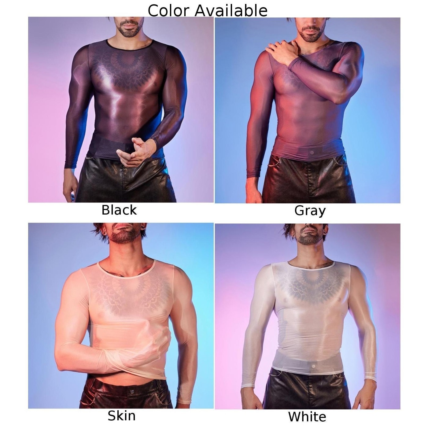 Men’s Oil Shiny See Through Long Sleeve Sheer Tights Top Sexy Lingerie Shirt