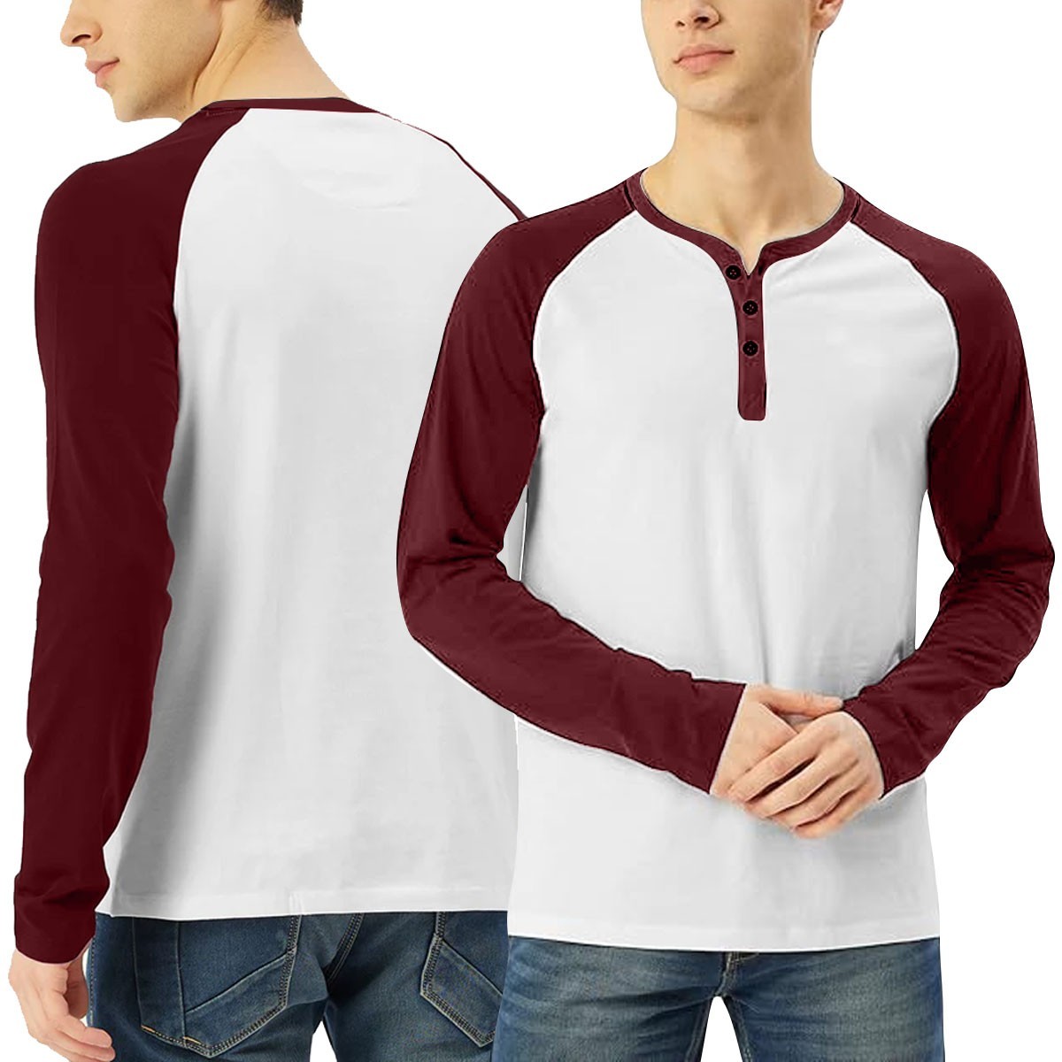 Mens Casual Long Sleeve T-shirt Henley Grandad V Neck Button Solid Tee Shirt Top