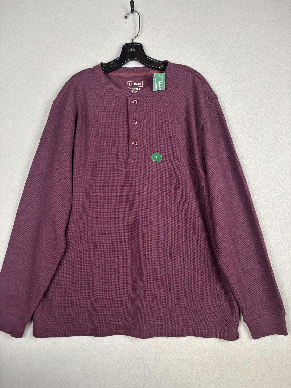 L.L. Bean Henley Shirt Mens Large Deep Wine Red Mini Waffle Thermal Knit
