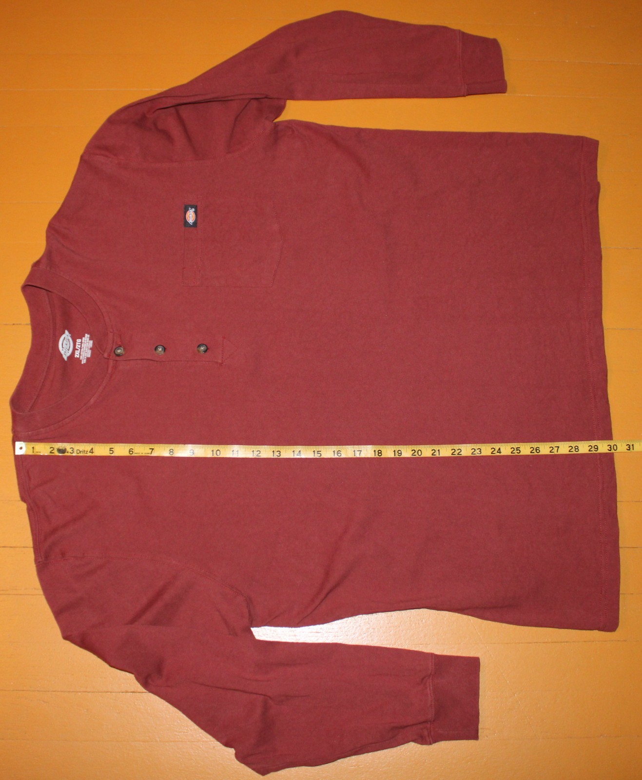Mens Dickies 2 XL 100% Cotton Burgundy Henley T Shirt Long Sleeve With Pocket