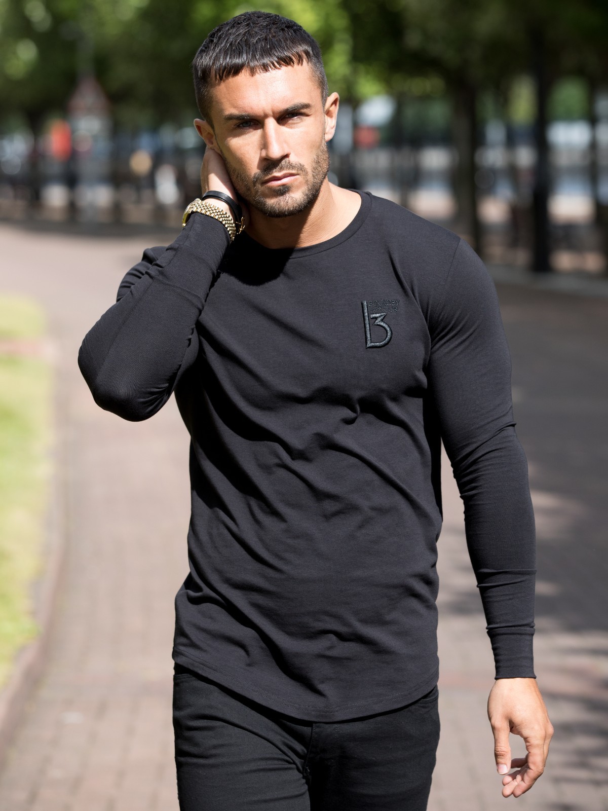 Mens Slim Muscle Fit Long Sleeve T Shirt Gym Designer Plain Curved Hem Tee Top