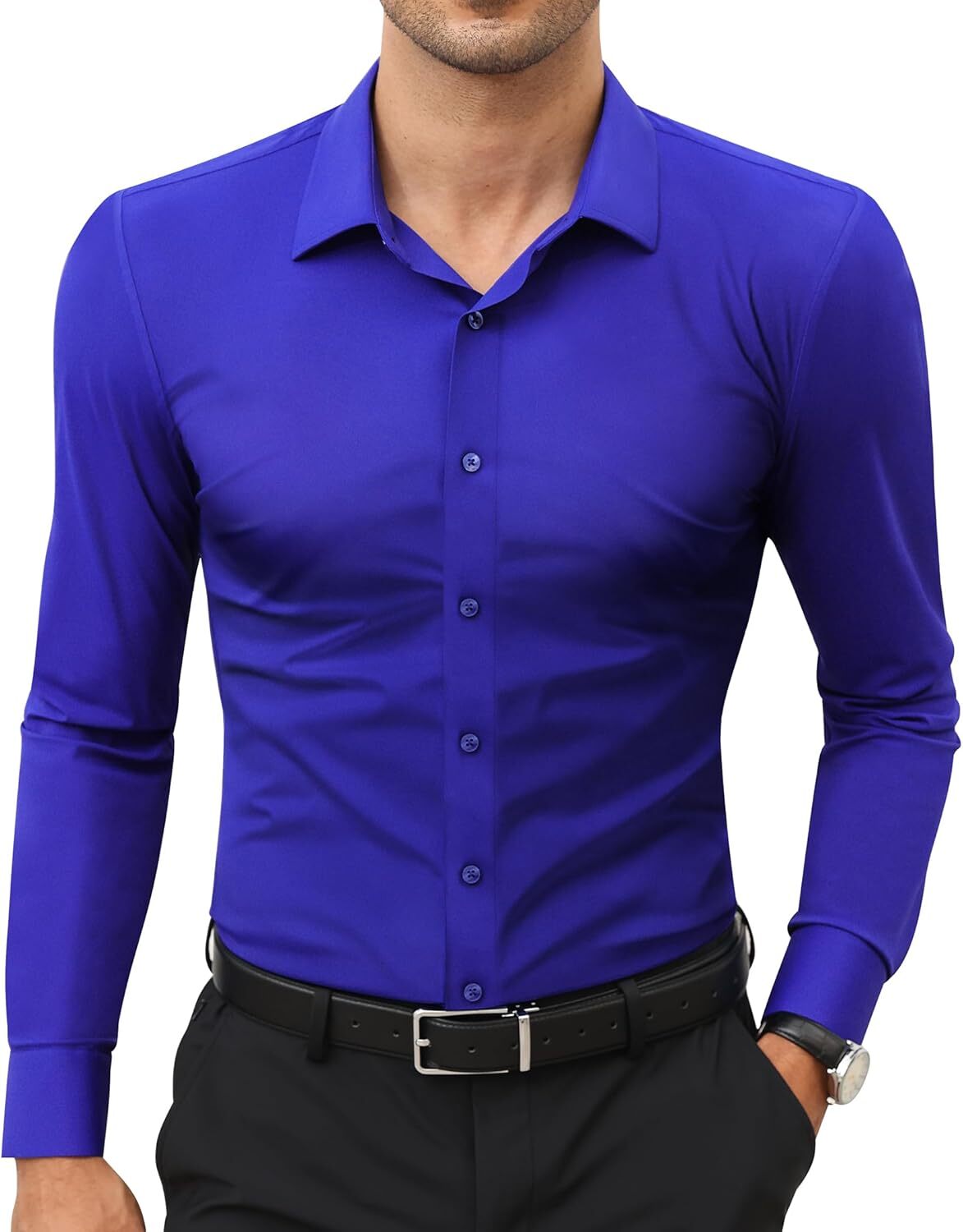 Stretch Slim Fit Wrinkle Free Long Sleeve Dress Shirt for Men Button Down