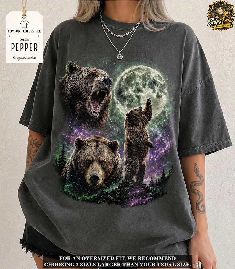 Bear Howling Moon Wildlife Animal Nature Graphic Soft Cotton Comfort Tee Gift