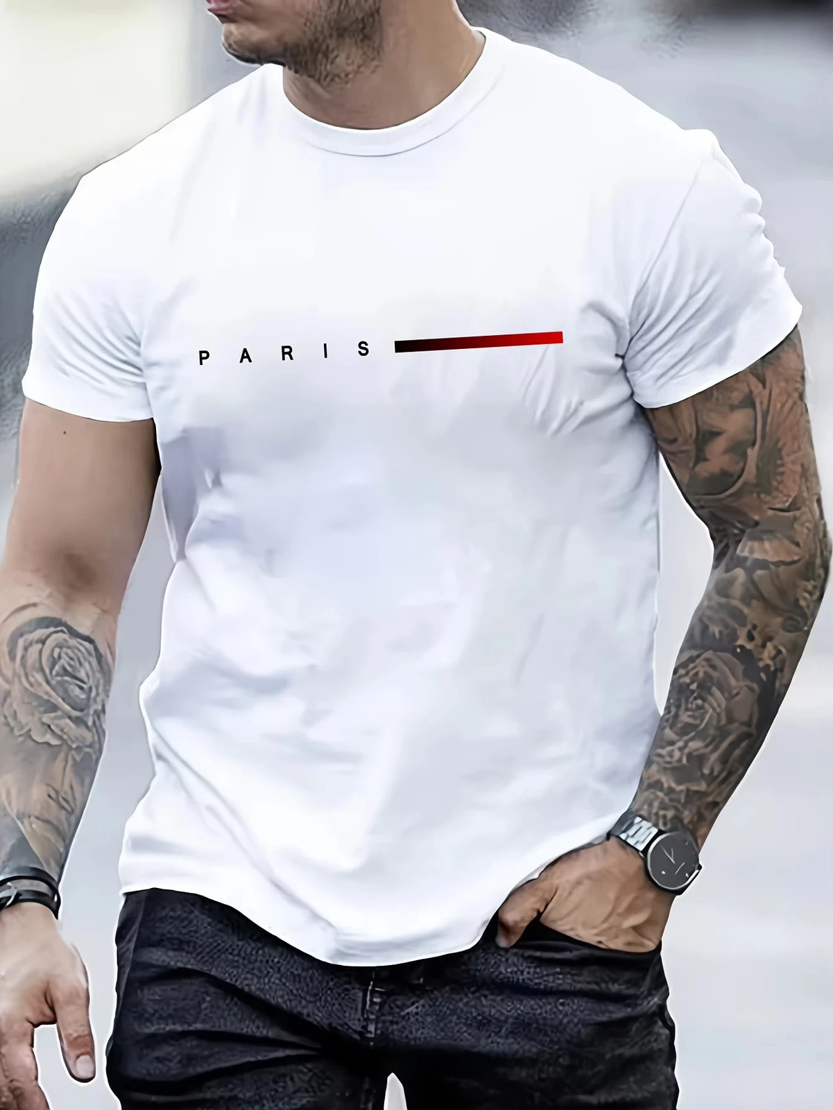 Men’s T-Shirt Summer Loose PARIS Creative Letter Print Casual Slim Fit Round