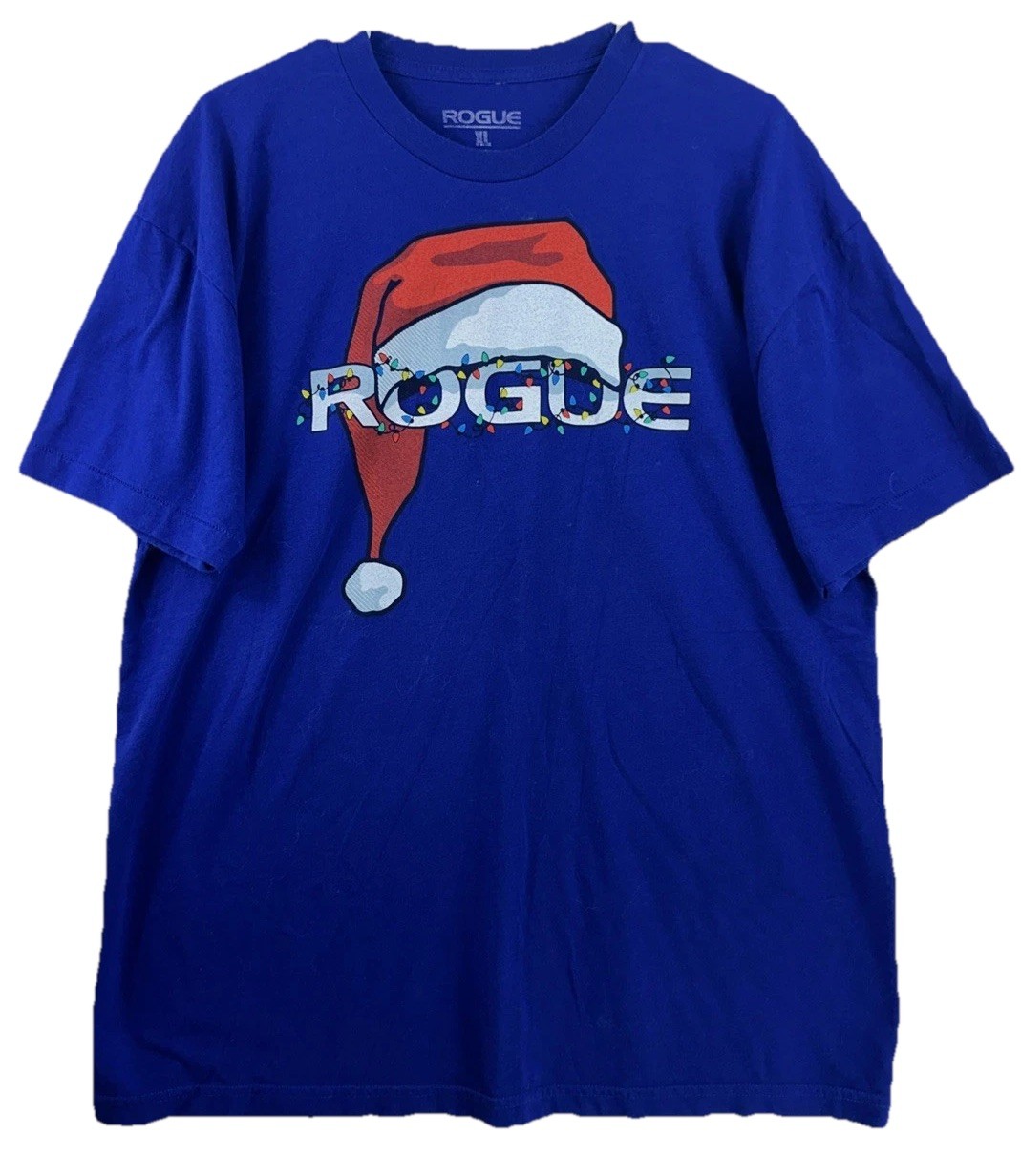 Rogue Fitness Men’s XL Blue Santa Hat Made in USA S/S Cotton T-shirt