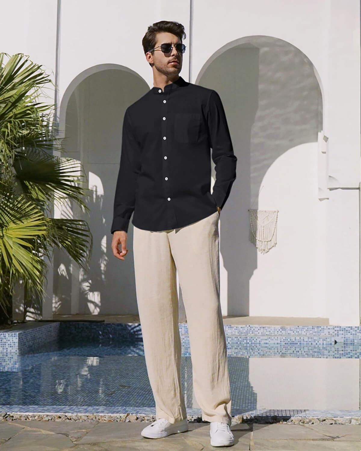 Men’s Linen Button Down Shirt Long Sleeve Band Collar Casual Beach Top