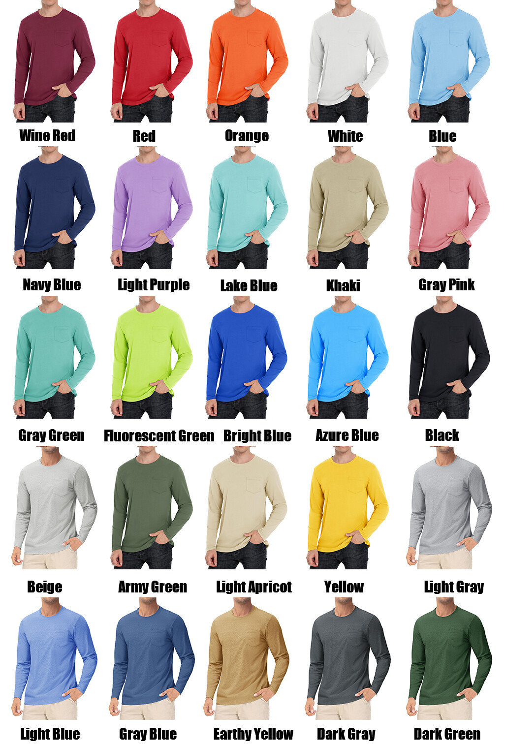Men’s Casual Cotton Shirts Long Sleeve Crewneck Quick Dry Sport Plain T-Shirts