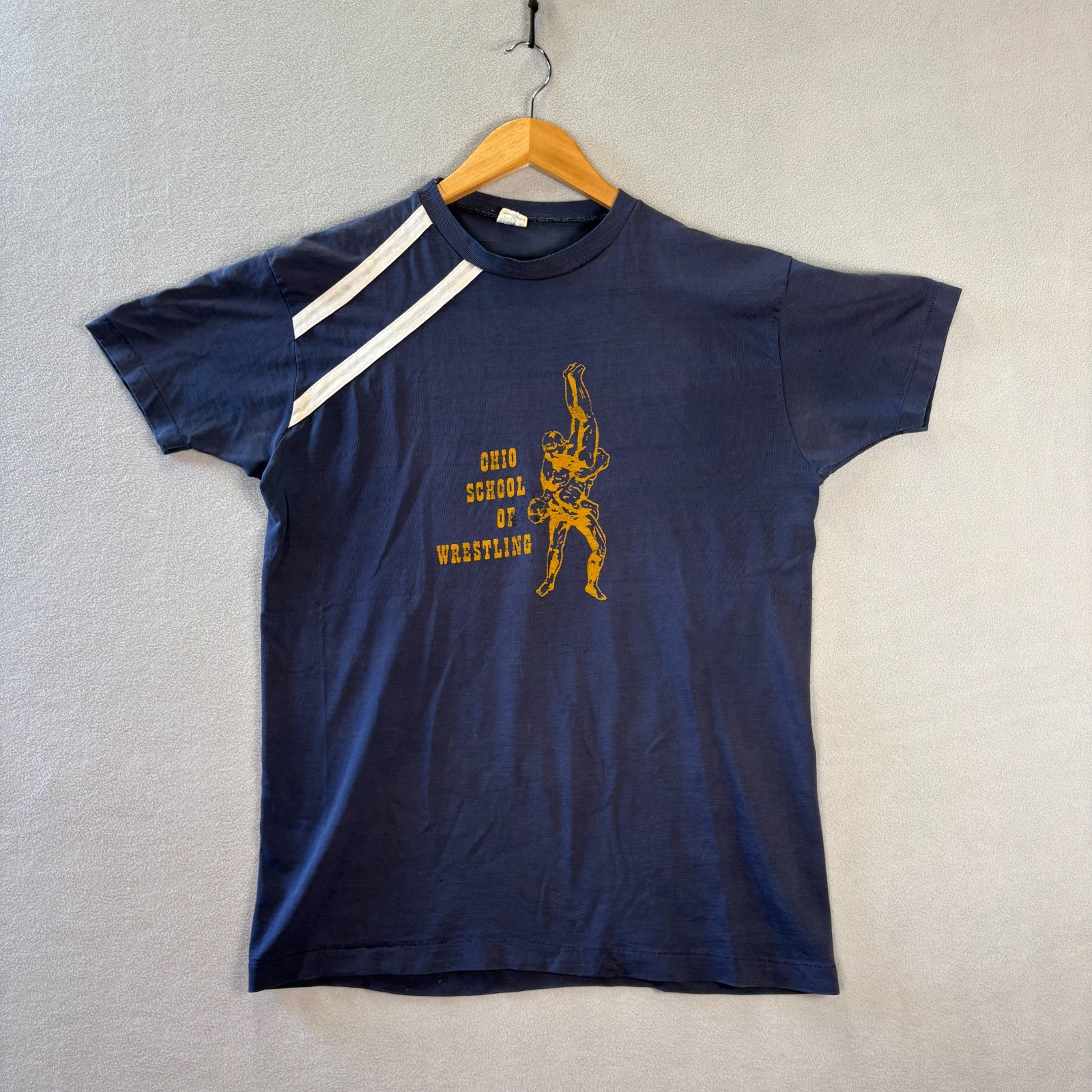VTG 70s Ohio State Wrestling T Shirt Mens XL 20×27 Blue Champion Blue Bar