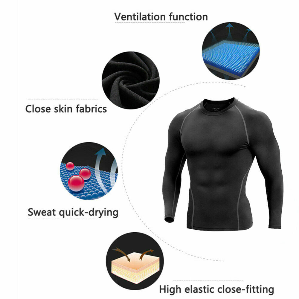 Men Compression Training Shirt Thermal Underwear Layer Workout Tops Long Sleeves