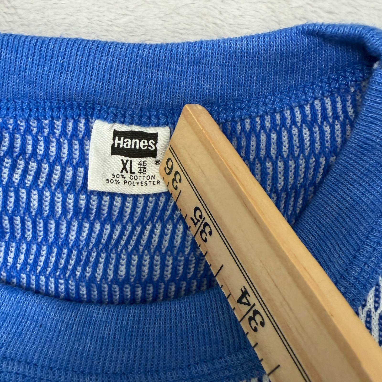 Hanes Vintage Thermal Top Blue/White Textured Weave Pattern XL 50/50 blend knit