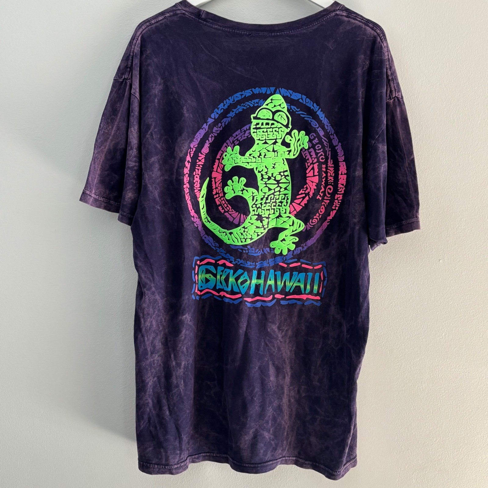 Gecko Hawaii Volcanic Acid Wash Tee Shirt Men XL Neon Nylon 90 Beach Funky Retro