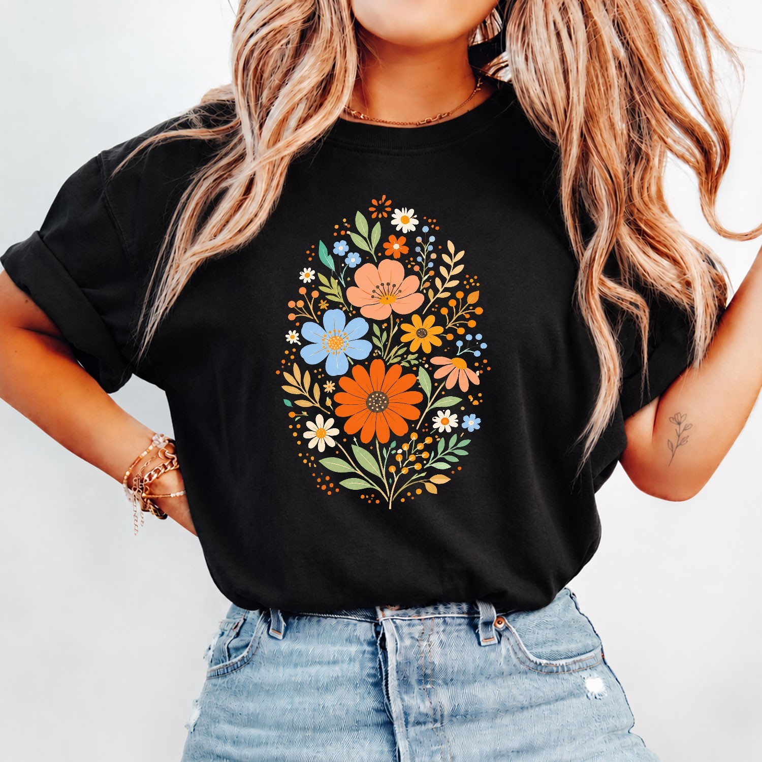 Vibrant Flowers Floral Print Spring Season Women Casual Wear Stylish Tee Shirt