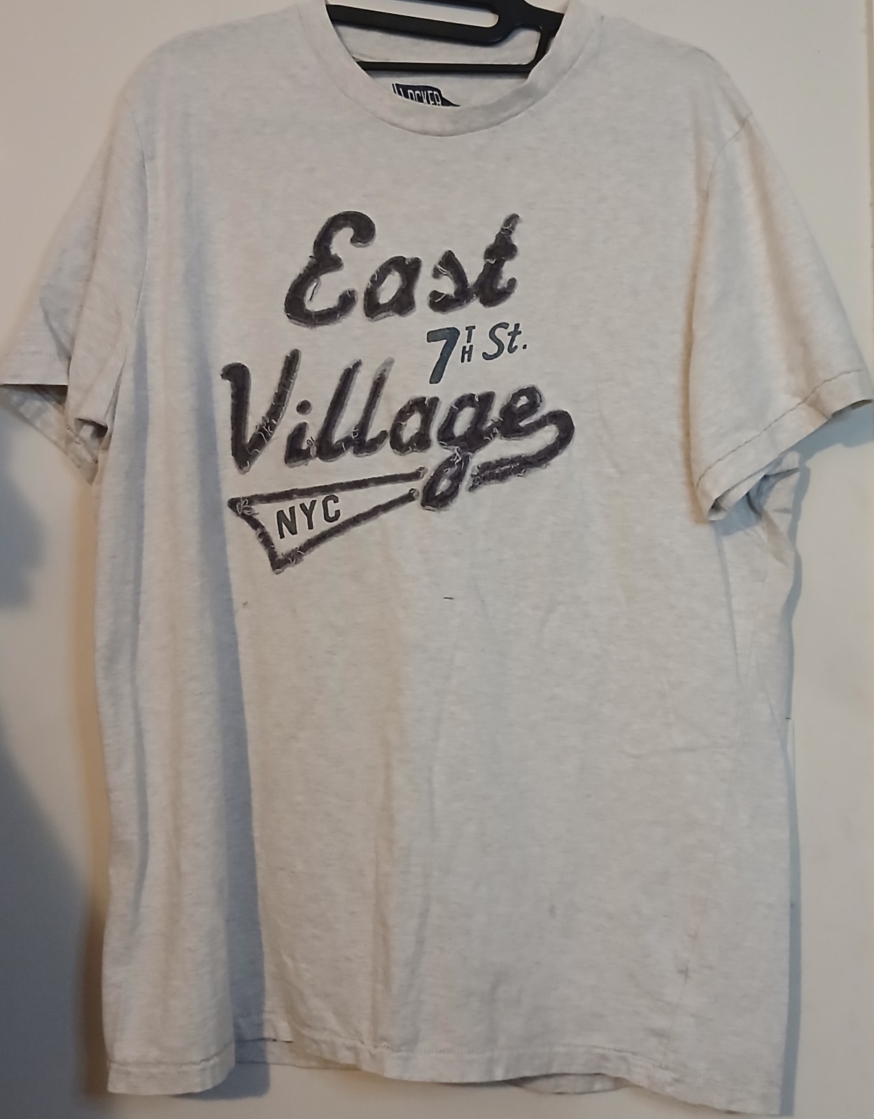 East Village NYC Flocked Logo T Shirt Mens XL Gray Felt Lettering Casual Tee