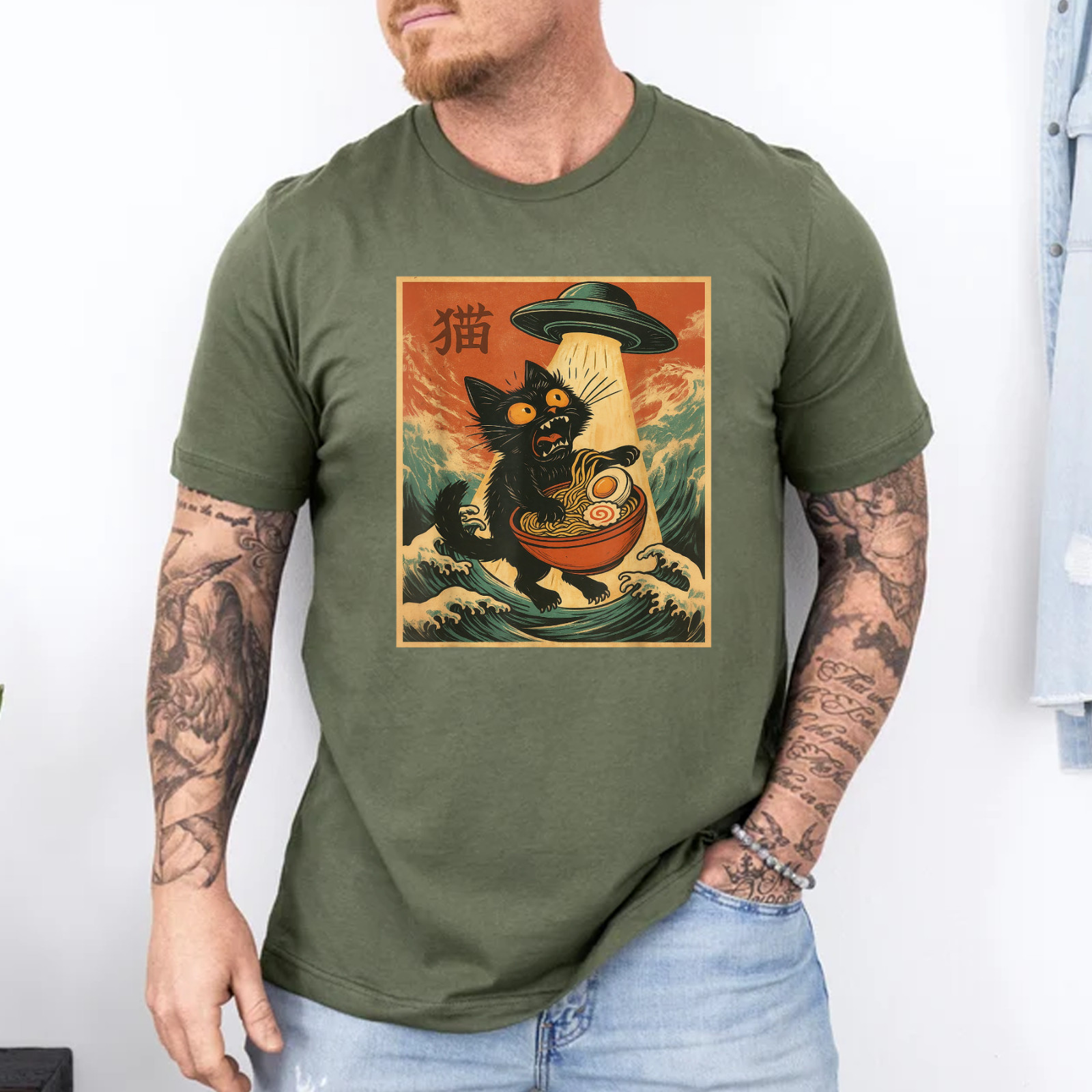 Cat Ramen UFO Funny Japanese Anime Tee Men Women Teens T-Shirt